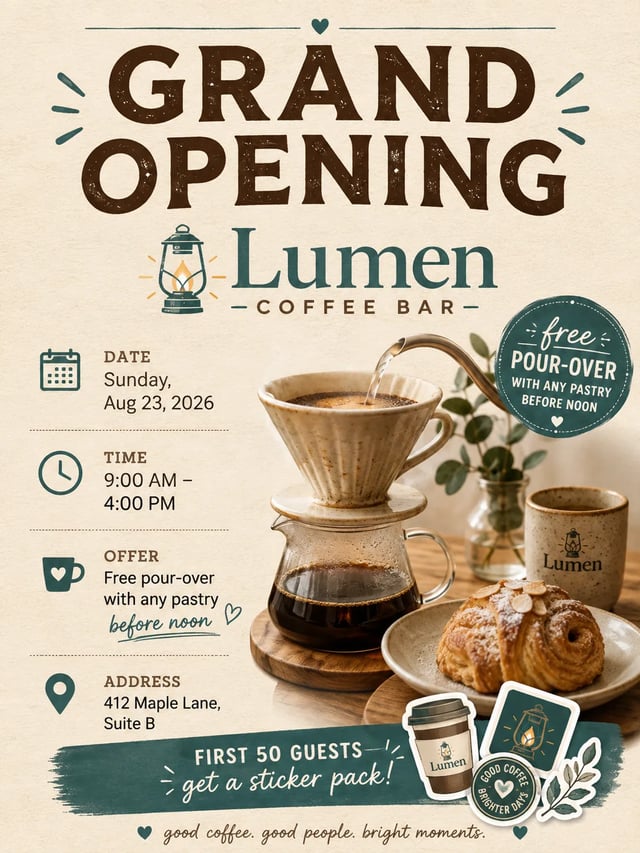 Cafe grand-opening flyer with date, hours, and free pour-over offer