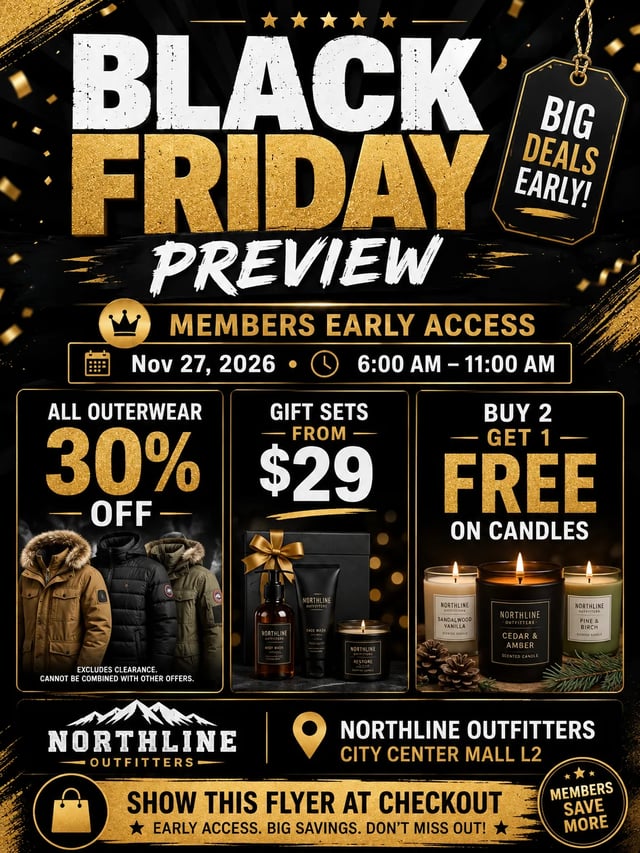 Black Friday preview sale flyer with three deal blocks and store location