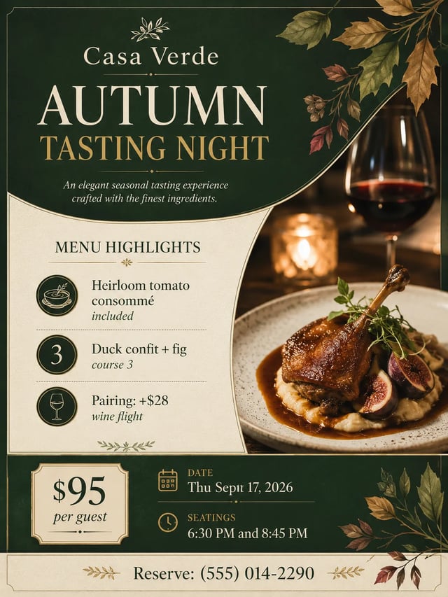 Restaurant tasting-night flyer with price, seatings, and reservation phone