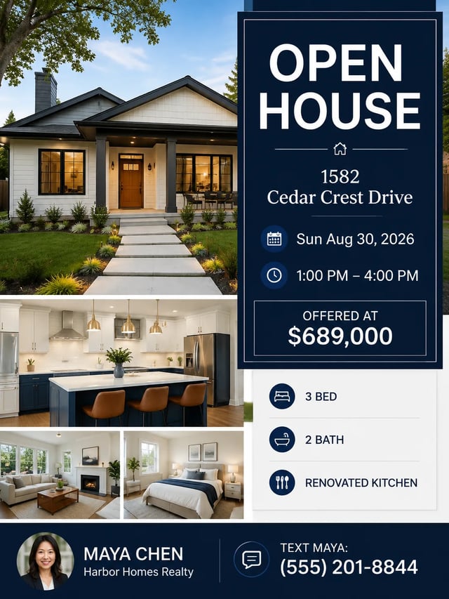 Vertical open-house flyer layout showing tall poster composition