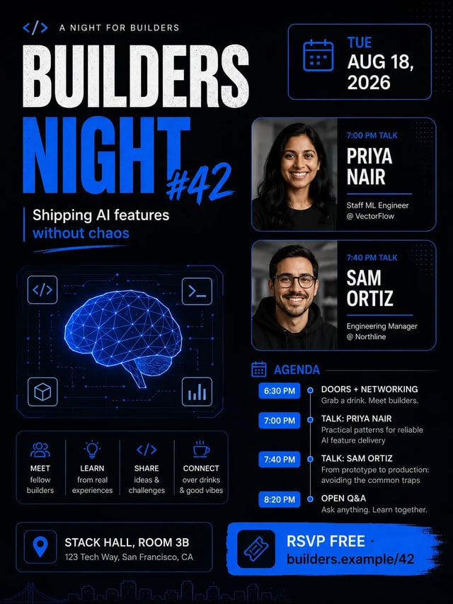 Modern tech meetup flyer showing dense agenda blocks and strong poster hierarchy