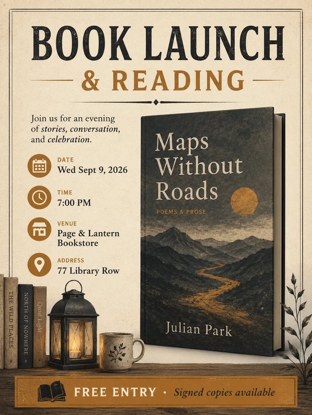 Book launch flyer with clear title, author, date, venue, and free-entry CTA