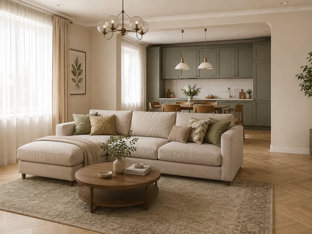 Fotoreales Wohnzimmer mit Sofa passend zu Licht und Layout
