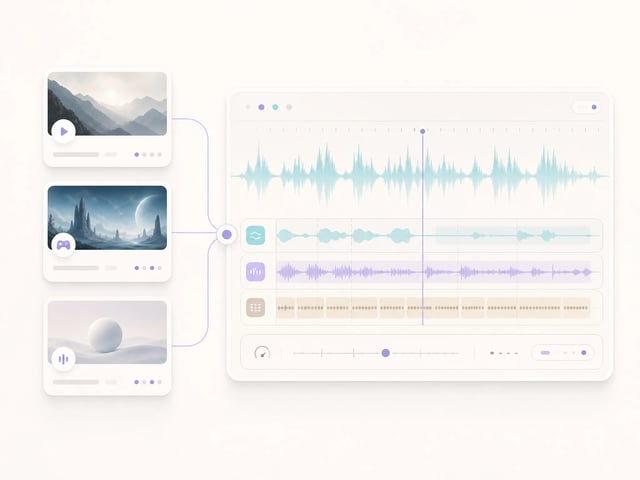 Scene cards connected to instrumental waveform layers and a soundtrack timeline