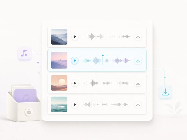 Private library panel with saved audio cards, waveforms, playback, and download controls