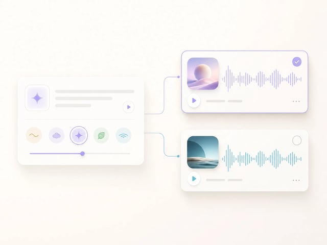 Prompt card connected to AI music waveform result cards
