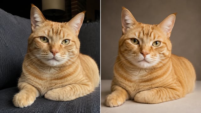 Before and after: everyday cat photo on the left, gift-ready studio cat portrait on the right