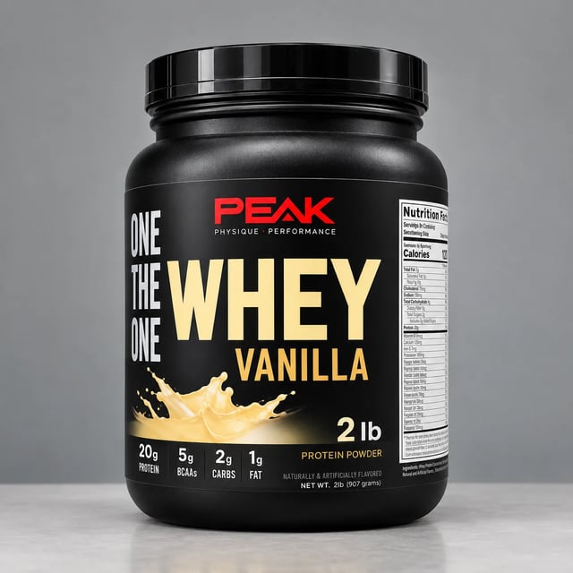 Protein-Dose im sauberen Studio-Regal-Packshot