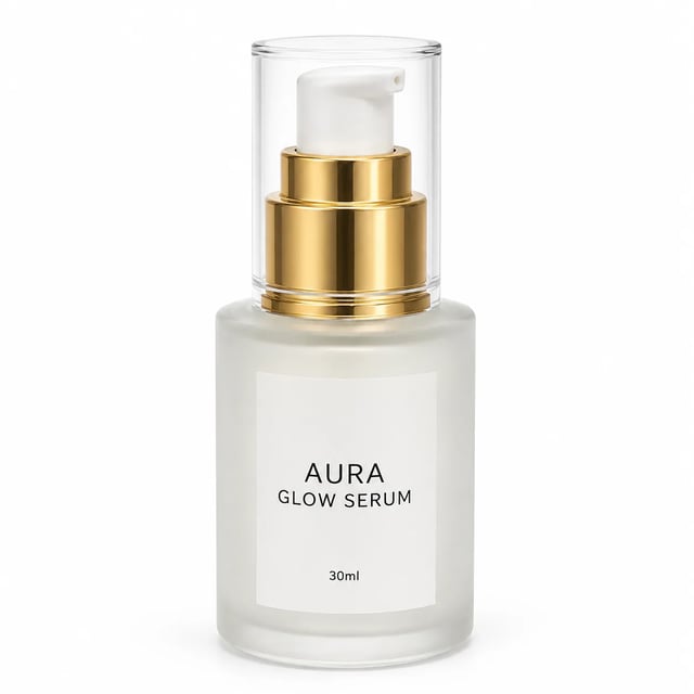 白底电商棚拍：磨砂精华瓶与 AURA GLOW SERUM 标签