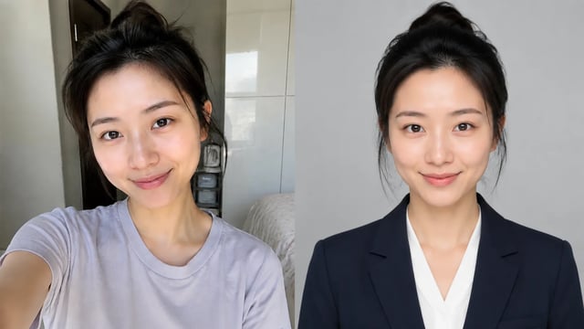 Before and after: casual clothes on the left, conservative business attire on the right