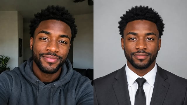 Before and after close-up: the same face stays recognizable after CV restyle
