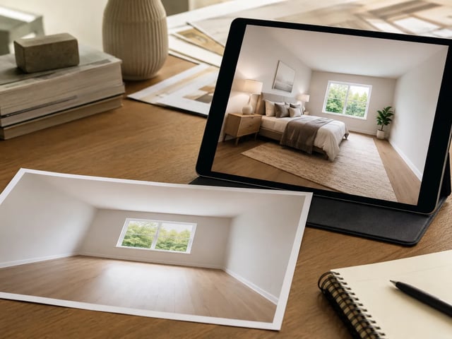 Agent reviewing a free virtual staging preview next to an empty room photo before listing
