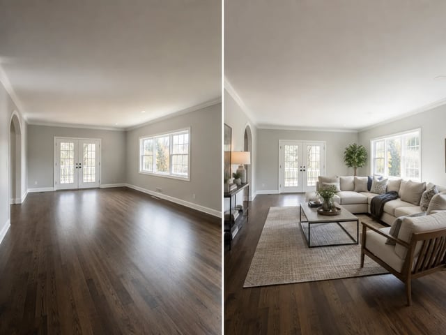 Side-by-side empty living room and free virtual staging result with windows and walls preserved