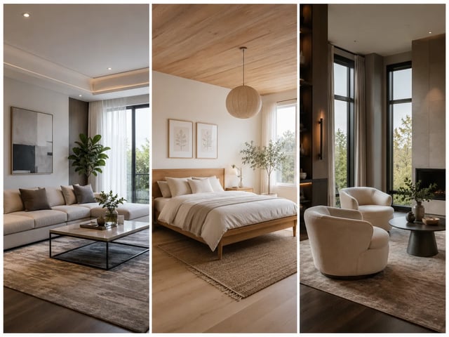 Three staged room stills showing modern, Scandinavian, and luxury free virtual staging looks