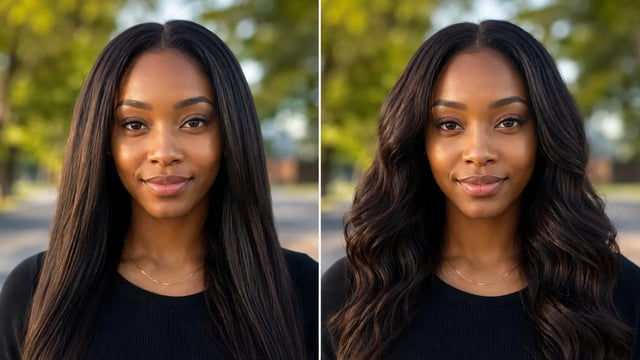 Before and after: same face kept recognizable with soft waves applied