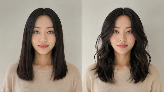 Before and after: straighter hair on the left, soft natural S-waves on the right
