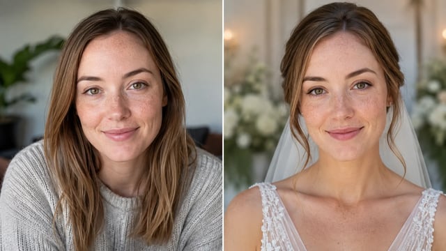 Before and after close-up: the same face stays recognizable after bridal restyle