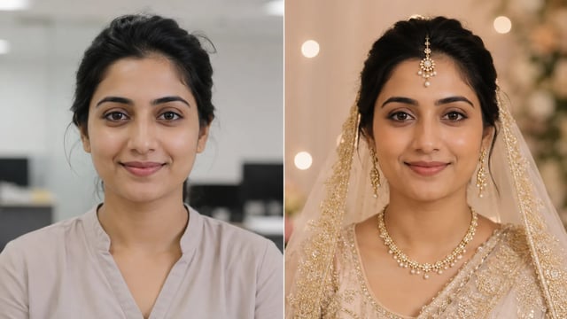 Before and after: flat indoor light on the left, soft ceremony bridal lighting on the right