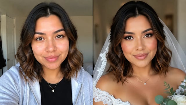 Before and after: one everyday portrait on the left, one finished bridal still on the right — single photo scope