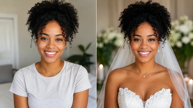 Before and after: casual clothes on the left, elegant bridal gown restyle on the right