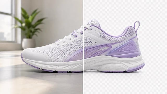 Same running shoe with its original room background on the left and transparent background on the right
