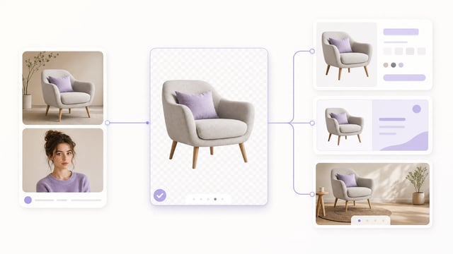 AI background remover workflow from source image to transparent PNG cutout and reusable design outputs
