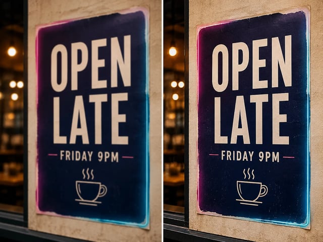 O mesmo poster de café lado a lado: rascunho 1K mole à esquerda, acabamento 2K/4K nítido à direita