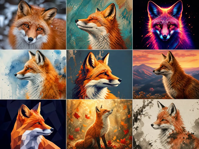 A nine-tile grid of fast Grok Imagine style variations of one subject