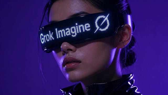 Grok Imagine shown in LED dot-matrix lettering on a futuristic visor with the Grok emblem, deep-violet cyber portrait
