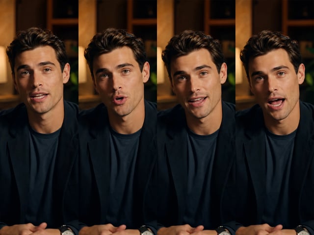 Illustration: four sequential frames of one presenter speaking, suggesting lip-synced dialogue