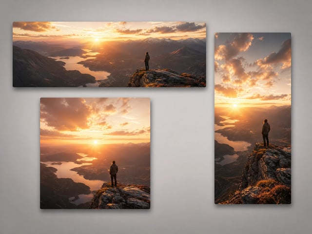 Illustration: one scene reframed as wide, square, and vertical aspect ratios