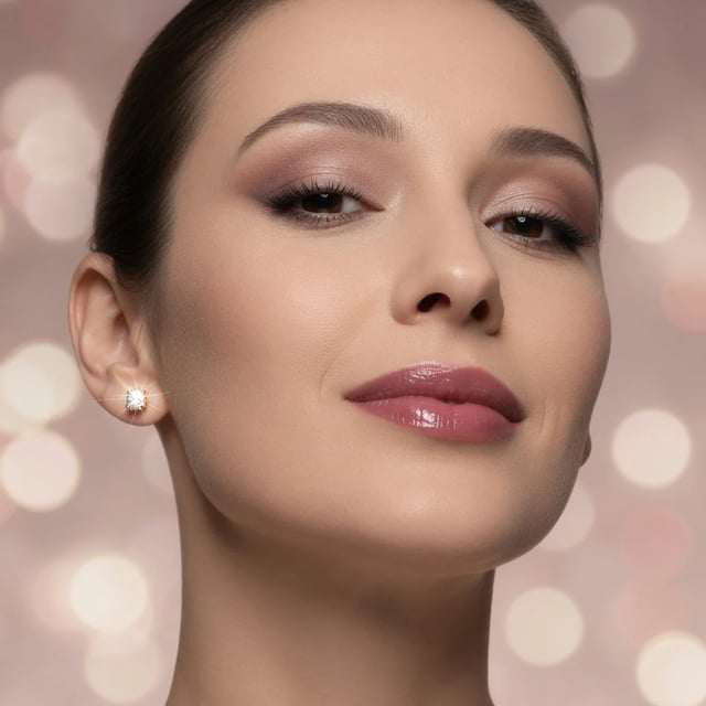 Close de beleza de estúdio premium com maquiagem glam suave e brinco de diamante