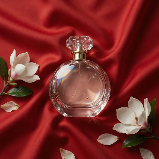 Frasco de perfume de cristal sobre cetim escarlate com magnólias brancas