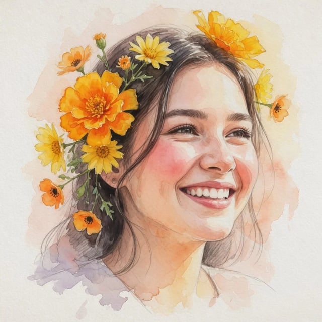 Retrato em aquarela de uma mulher sorridente com flores amarelo-laranja no cabelo