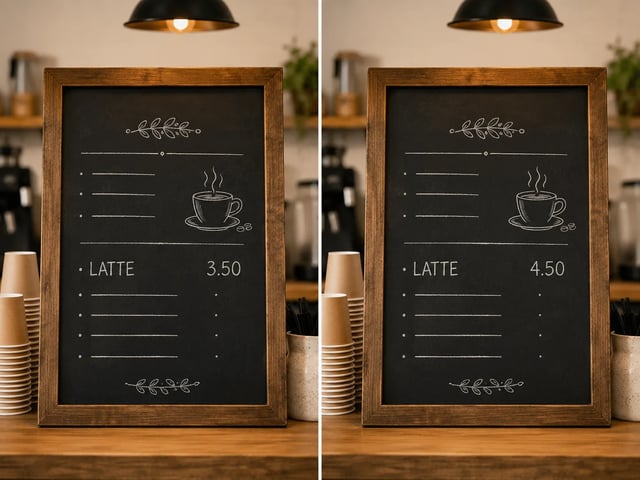 Vorher/Nachher: Kreidetafel links LATTE 3.50, rechts LATTE 4.50