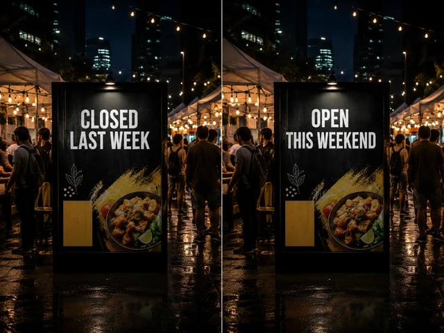Vorher/Nachher: Poster-Überschrift links CLOSED LAST WEEK, rechts OPEN THIS WEEKEND
