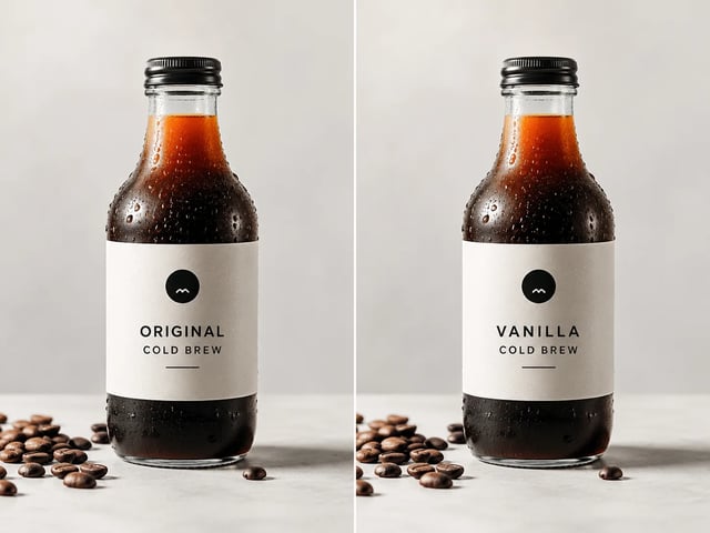 Vorher/Nachher: Flaschenetikett links ORIGINAL COLD BREW, rechts VANILLA COLD BREW