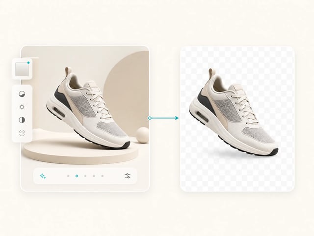 Mockup de produto de tênis gerado virando um recorte transparente no mesmo espaço de ferramentas de imagem com IA