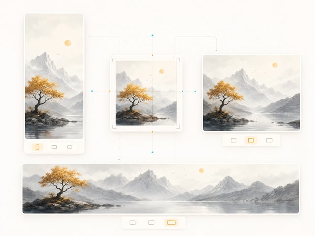 Uma paisagem gerada reenquadrada em retrato, quadrado, paisagem e banner largo