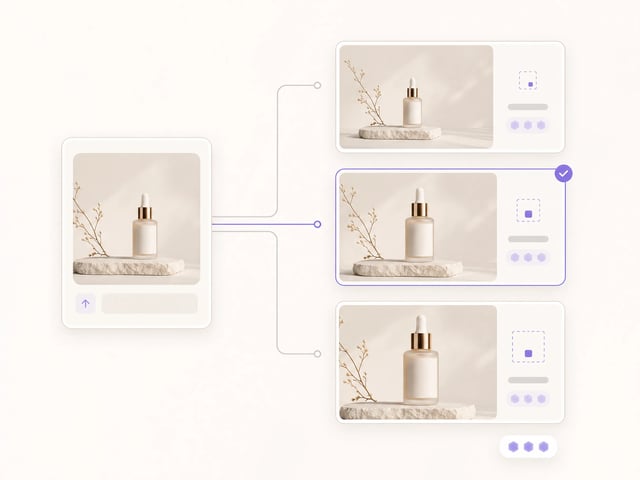 Source image branching into 2x, 4x, and 8x upscale result cards with a selected default path