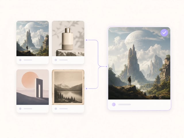 Generated concept, product crop, cover draft, and archive scan flowing into one enlarged keeper image