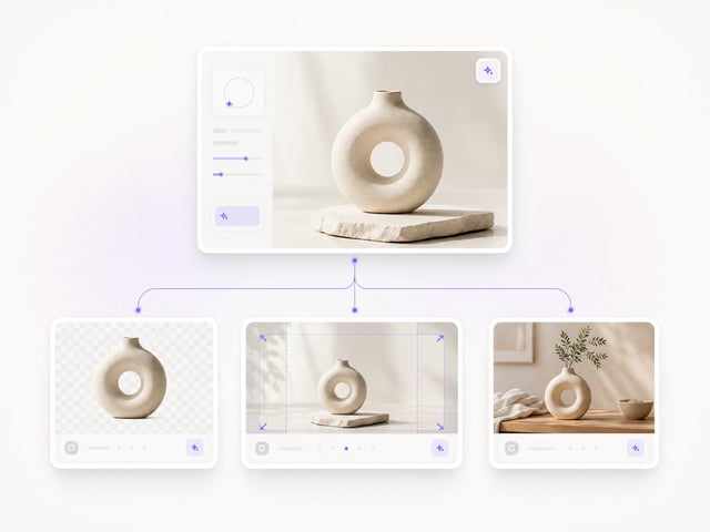 Upscaled image result branching into background removal, outpainting, and image generation cards