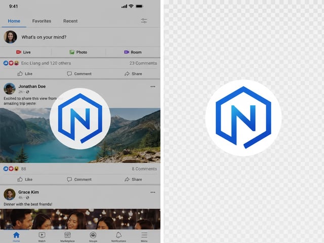 Vorher/Nachher: blaues N-Monogramm über einem Social-Feed-Screenshot links, isoliert auf Schachbrett-Transparenz rechts