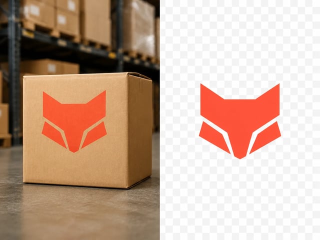 Vorher/Nachher: orangenes Fuchs-Icon auf Lagerkarton links, isoliertes Icon auf Transparenz-Schachbrett rechts