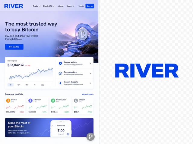 Vorher/Nachher: Website-Screenshot mit RIVER-Wordmark und Partner-Badge links, nur RIVER freigestellt rechts