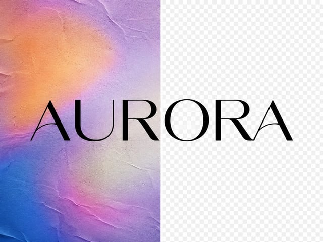 Vorher/Nachher: AURORA-Wordmark auf bunter Textur links, klare Buchstaben auf Transparenz-Schachbrett rechts
