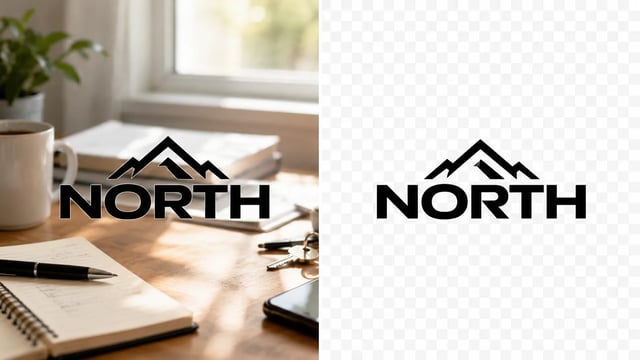 前后对比：左侧桌面照片上的 NORTH 山峰 logo，右侧透明棋盘格上的干净抠图