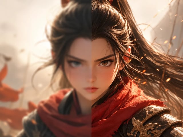Split comparison of the same animated character frame at 720p and a more detailed 1080p result