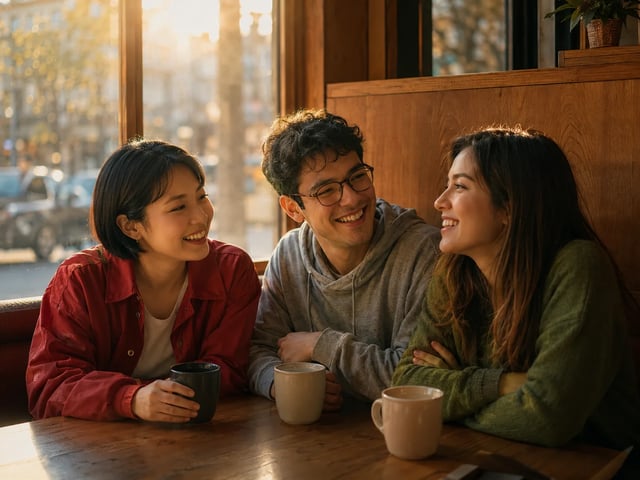 Cena de café em grupo com vários personagens mantidos consistentes numa imagem