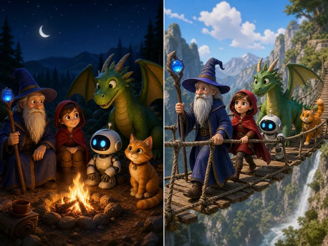 The same cast of characters kept consistent across two Nano Banana 2 scenes